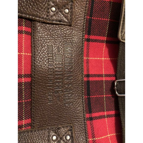 American Eagle Outfitters Red Buffalo Plaid Messenger Laptop Bag Leather Canvas - Picture 3 of 9